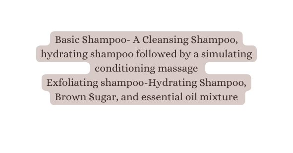 Basic Shampoo A Cleansing Shampoo hydrating shampoo followed by a simulating conditioning massage Exfoliating shampoo Hydrating Shampoo Brown Sugar and essential oil mixture