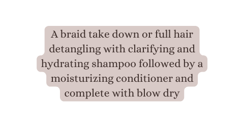 A braid take down or full hair detangling with clarifying and hydrating shampoo followed by a moisturizing conditioner and complete with blow dry